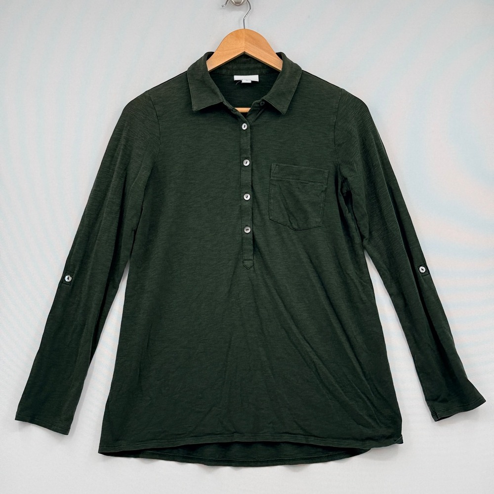 J. Jill Henley Top Womens XS Green Long Sleeve Roll Tab Slub Knit Cottagecore